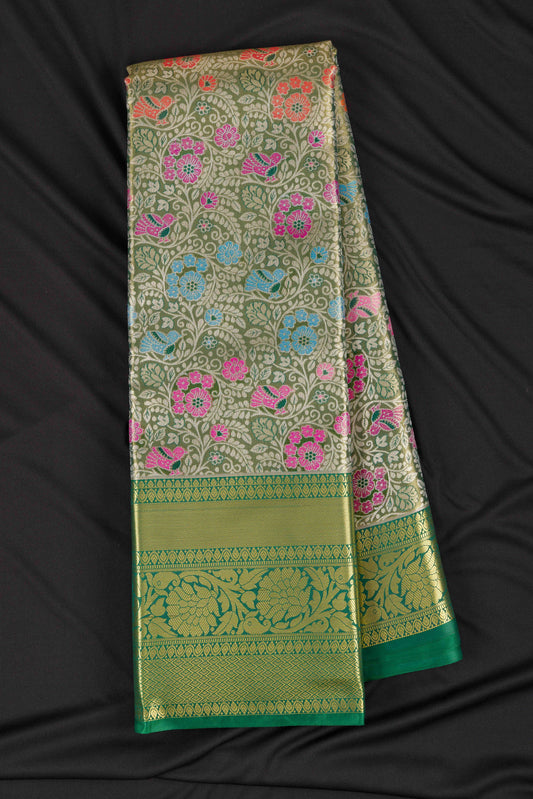 Traditex Elegant Green Saree with Multicolor Floral Zari Work (TT24VST010BGBR)